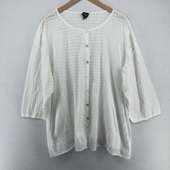 EILEEN FISHER Top XL Stretch Cotton Voile Box Sheer Button Up 3/4 Sleeve White - Picture 1 of 12